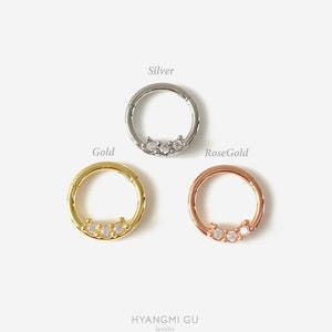 16G Triple cz Septum Clicker hoop, Nose ring, Silver clicker ring, Conch clicker, Helix hoop earring, Cartilage Hinged Hoop, Clicker