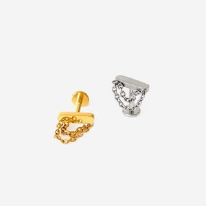 16G Titanium Double Chain Bar Cartilage Flat Back stud, Nose stud, Internally Threaded conch earring, Cartilage stud, Helix earring, Tragus