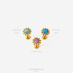16G Opal Sunflower Titanium Internally Threaded Flat Back stud, Conch earring, Cartilage flat back, Helix stud, Tragus stud, Minimalist stud