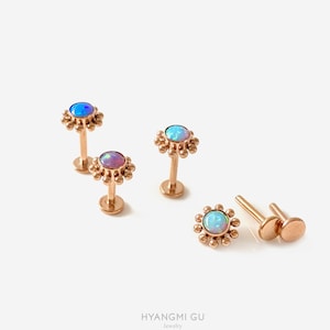 16G Opal Rose Gold Sunflower Titanium Internally Threaded Flat Back stud, Conch earring, Cartilage earring, Helix stud, Tragus stud, Labret