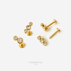 16G Round Two or Three Gold Cartilage Flat Back, Internally Threaded conch earring, Cartilage flat back stud, Helix earring, Tragus stud