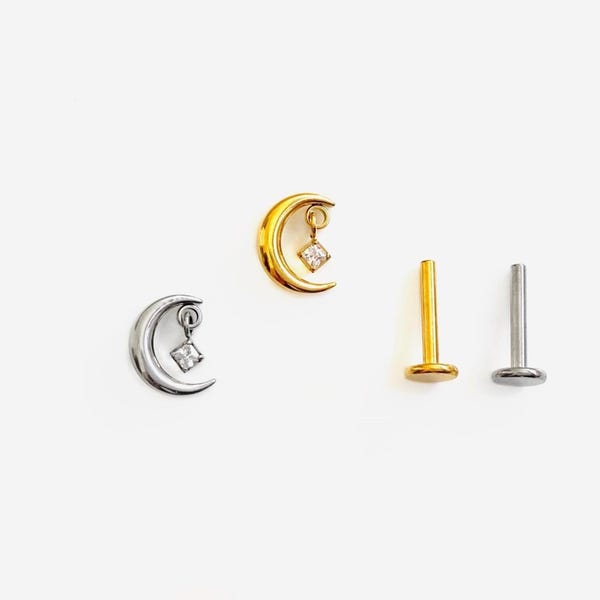 16G Titanium Moon Dangle Flat Back, Nose stud, Internally Threaded conch earring, Cartilage piercing, Helix earring, Tragus, Piercing - 01 3