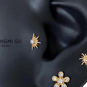 16G Titanium Small Sunrise Internally Threaded Flat Back, Sun Conch earring, Cartilage flat back, Helix stud, Tragus stud, Minimalist - 01 2