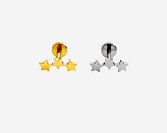 16G Titanium Triple Star Stud, Star Cartilage Flat Back Labret, Internally Threaded conch earring, Cartilage, Helix stud, Tragus stud - 01 4