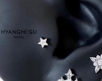 16G Titanium Star Cristal Cartilage Flat Back stud, Nose stud, Internally Threaded conch earring, Cartilage, Helix earring, Tragus - 01 4