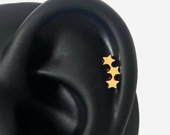 16G Titanium Triple Star Stud, Star Cartilage Flat Back Labret, Internally Threaded conch earring, Cartilage, Helix stud, Tragus stud - 01 4
