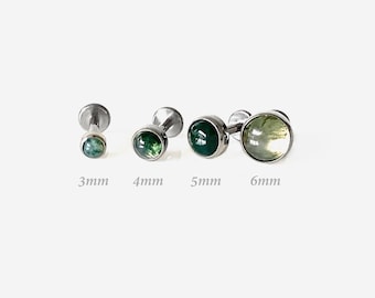 16G Titanium Natural Gemstone Moss Agate stone Internally Threaded Flat Back stud, Conch earring, Cartilage, Helix Tragus stud, Nose - 01 2