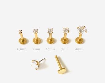 18G/16G 1.5-4mm Threadless Push Pin Gold Round Flat back stud, Conch earring, Nose stud, Cartilage, Helix, Tragus stud, Labret earring