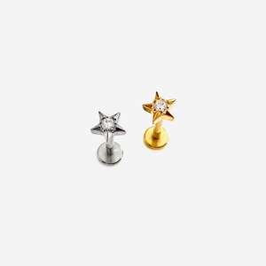 16G Titanium Star Cristal Cartilage Flat Back stud, Nose stud, Internally Threaded conch earring, Cartilage flat stud, Helix, Tragus - 02 2