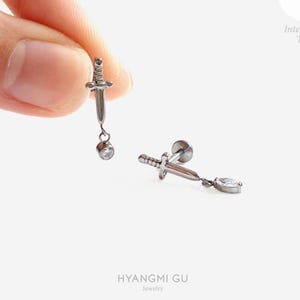 16G Titanium Dagger Dangle Stud, Sword Cartilage Flat Back Labret, Internally Threaded conch earring, Cartilage, Helix stud, Tragus - 00