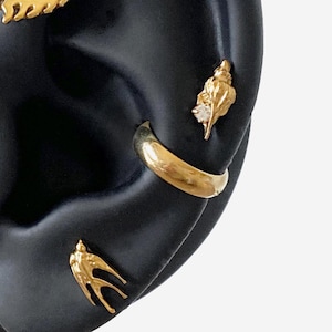 Può includere: Un set di orecchini color oro su un modello di orecchio nero. La collezione include un cerchio dorato liscio, un piccolo perno a forma di conchiglia dorata con una pietra chiara e un perno a forma di rondine dorata, con finitura lucida.