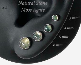 16G Titanium Natural Gemstone Moss Agate stone Internally Threaded Flat Back stud, Conch earring, Cartilage, Helix, Tragus, Nose stud - 01 2