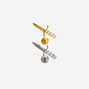 16G Titanium Cz Wave Dagger Stud, Sword Cartilage Flat Back Labret, Internally Threaded conch earring, Cartilage, Helix stud, Tragus - 03 1