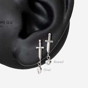 16G Titanium Dagger Dangle Stud, Sword Cartilage Flat Back Labret, Internally Threaded conch earring, Cartilage, Helix stud, Tragus - 00