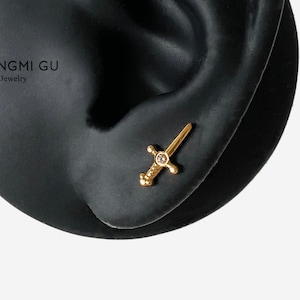 16G Titanium Dagger Sword Cartilage Flat Back Labret, Internally Threaded conch earring, Cartilage flat back, Helix, Tragus, Nose - 01 1