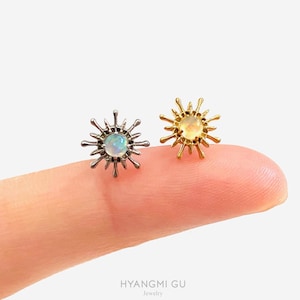 16G Titanium Opal Sun Internally Threaded Flat Back stud, Sun Conch earring, Cartilage flat back, Helix stud, Tragus stud, Minimalist - 01 2