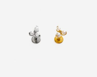 16G Titanium Triple pearl Flower Internally Threaded Flat Back stud, White Pearl Conch earring, Cartilage, Helix Tragus Nose Piercing - 01 4