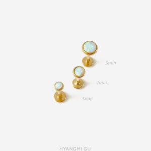 16G White Opal 3-5mm Internally Threaded Gold Flat Back stud, Conch earring, Cartilage flat back, Helix Tragus stud, Nose stud - 04 3