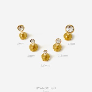 16G 1.5-4mm Gold Round Internally Threaded Flat back stud, Conch earring, Nose stud, Cartilage earring, Helix, Tragus stud, Labret - 04 3