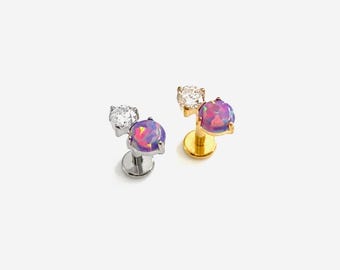 16G Titanium Purple Opal Internally Threaded Flat Back stud, Conch earring, Cartilage piercings, Helix stud, Tragus stud, Minimalist - 01 2