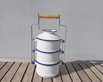 Retro Enamel Lunch Box / Three Tier Tiffin Lunch Box / Food Carrier / Lunch Pail / Enamel Food Carrier /MCM Lunch Pail /EMO Yugoslavia /70's