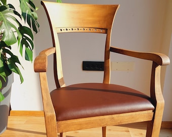 Vintage Wooden Armchair / Biedermaier Style Armchair / Rustic Armchair / Wood and Leather / Rustic Design / MCM Armchair /80's