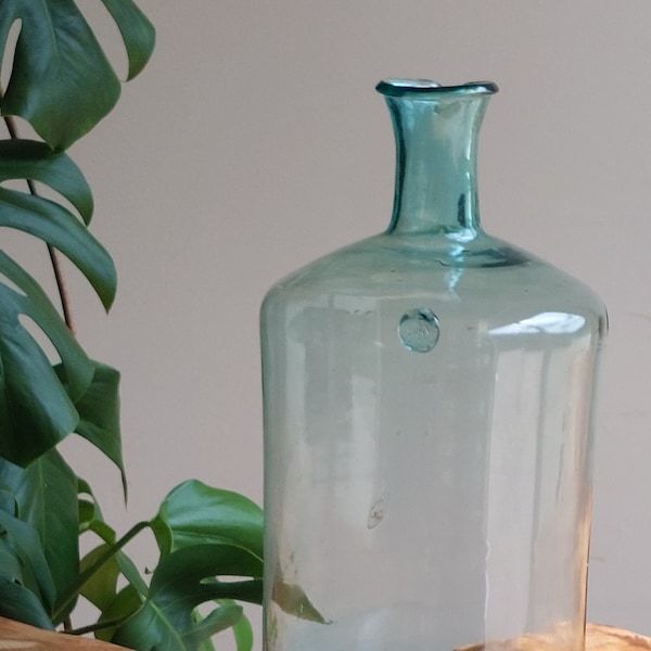 Rare Vintage Hand Blown Green Bottle/ Antique Green Demijohn/ Hand Blown Bottle/ Green Glass Vase/ Glass Floor Vase/ Green Damigiana /1950s