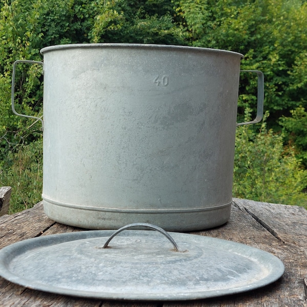 XL Vintage Galvanized Zinc Pot/Two Handled Pot/Garden Planter/Rustic Garden Decor/Chic Rustic Decor/Chic Shabby Garden/Farmhouse Decor/60's
