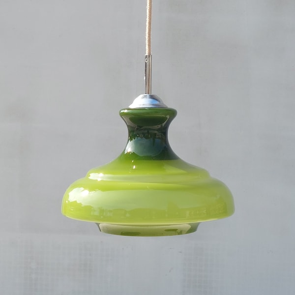 Retro Pendant Lamp / Space Age Glass Pendant Lamp / MCM Green Ceiling Light / UFO Pendant Light / Green Cased Glass Ceiling Lamp / 70's