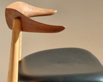 1 of 2 Cow Horn Chair /Designer Chair /Danish Furniture Design/White Oiled Solid Oak and Walnut /Black Prescott  Leather /Knud Færch /1969