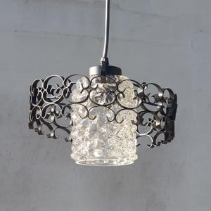 Brutalist Wrought Iron and Glass Pendant Lamp,  Brutalist, Mid Century Pendant Lamp,  1970s