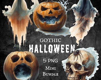 Gothic Halloween Clipart: Haunted Watercolor PNG Mini Bundle (300dpi)