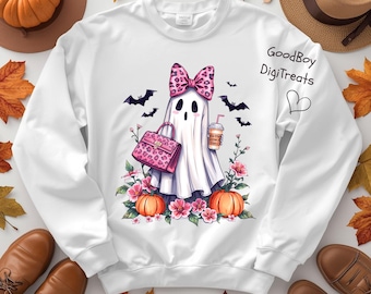 Chic Pink Leopard Bow Fashion Clipart: Girly Coquette Ghost Halloween PNG (300dpi)