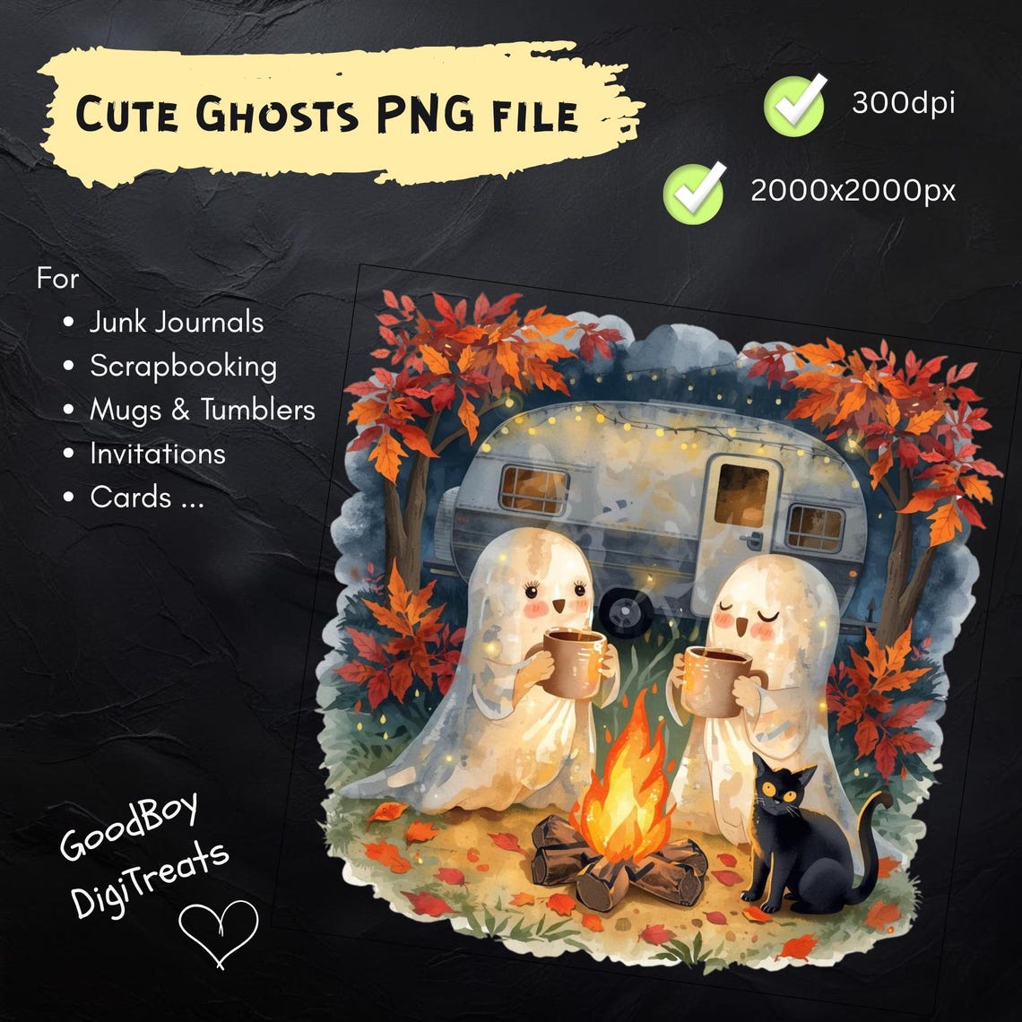 Cute Camping Ghosts Watercolor Clipart: Spooky Halloween PNG (300dpi ...