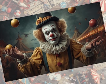 May include: A digital art print of a clown juggling golden balls against a circus backdrop. The clown wears a yellow outfit, a ruffled collar, and a top hat. The background features circus tents and a dark, ominous sky.