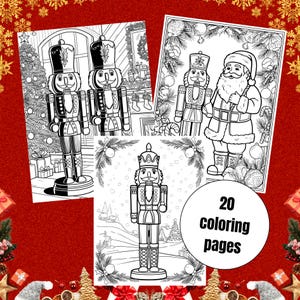 May include: A set of 20 colouring pages featuring illustrations of nutcrackers and Father Christmas. The pages are black and white and ready to be coloured.