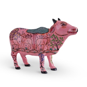 Limited edition Cow Statue- Pink, Hand- painted animal figurine, Eclectic Home Decor, Animal statue, Pattachitra Painting, Handicraft, India