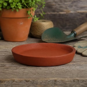 Op de afbeelding: Een ronde terracotta plantenschotel met een gladde, matte afwerking en een opstaande rand. De schotel heeft een diepe, aardse oranje kleur en is ontworpen om onder een bloempot te plaatsen om overtollig water op te vangen en oppervlakken te beschermen.