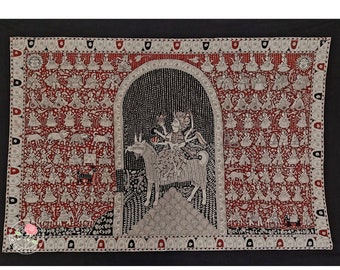 Durga, Textilkunst mit organischen Pigmenten, Sakrale Kunst, Südasiatische Textilkunst, Mata ni Pachedi Malerei, Mystische Kunst, Handbemalt