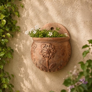 May include: A semi-circular terracotta wall planter featuring a relief-carved flower design on the front surface. The planter has a flat back with a mounting hole and is filled with small green leafy plants with tiny white flowers.