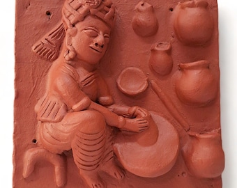 Terracotta Potter Sculpture, Indian Village Life Art Tile, Rustic Home Decor