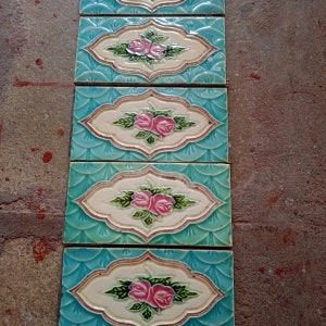 Vintage Majolica Floral Embossed Art Nouveau Architectural tile, FM brand, Made in Japan, Furniture tile| Rose tile| Collectible (Set of 5)