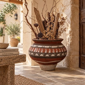 Può includere: Un grande vaso rotondo in terracotta con fasce orizzontali di motivi geometrici bianchi e neri. Il contenitore è riempito con una composizione di rami secchi, pezzi di corteccia legnosa e baccelli in tonalità marrone e beige.