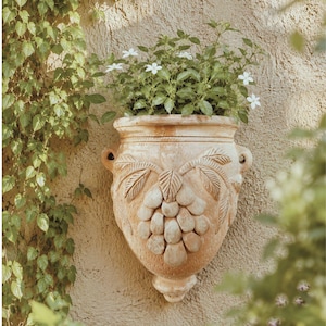 Terracotta Wall Planter with Grape Relief, Rustic Clay Wall Vase for Indoor Outdoor Plants, Boho Garden Decor