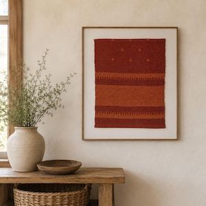Arte de parede em tecido de algodão marrom feito à mão | Tecelagem Bhujodi com trama extra | Arte emoldurada em fibra | Decoração rústica para casa de campo | Boho | Tecelagem indiana