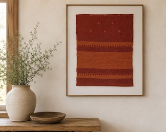 Brown Handwoven Cotton Textile Wall Art | Bhujodi Extra Weft Weaving | Fibre Framed Art | Rustic Cottage Decor | Boho | Indian Weaving