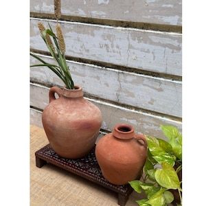 May include: Two terracotta-colored ceramic jugs with handles, one holding green and tan decorative plants. The jugs sit on a dark brown, carved wooden stand. The background is a weathered white wall.