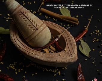 Terracotta Mortar & Pestle Leaf, Kitchen equipment, apothecary, spice crusher, Ritual tool, Clay mortar-pestle
