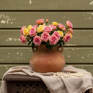May include: A terracotta vase filled with pink and yellow roses sits on a wooden table covered with a linen cloth. A string of pearls is draped on the table. The background is a weathered green wooden wall.