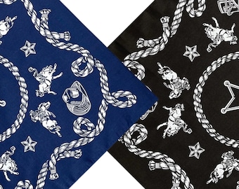 Cowboy Western Traditional Tattoo Graphic Cowboy Horse Neckwear Scarf, Western Style Gift / 55cm x 55cm / Blue Black.